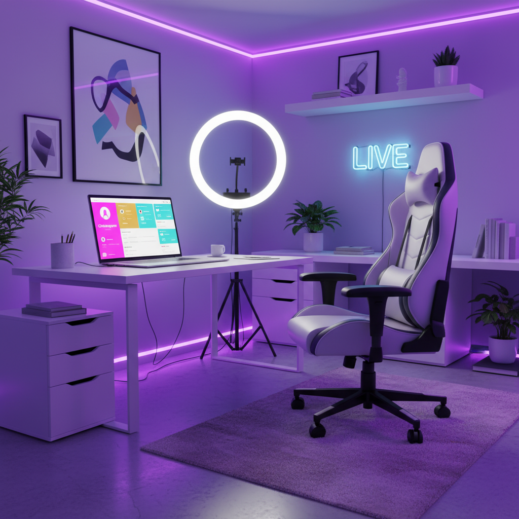 A professional webcam model workspace featuring the Chaturgram free bio builder on a laptop screen.