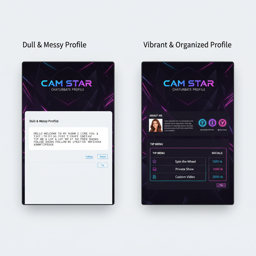 A comparison between an unoptimized Chaturbate bio and a professional profile created with a Chaturbate bio builder.