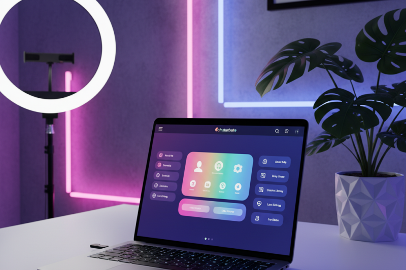 Professional webcam model desk with laptop showing the Chaturgram profile editor and studio lights.