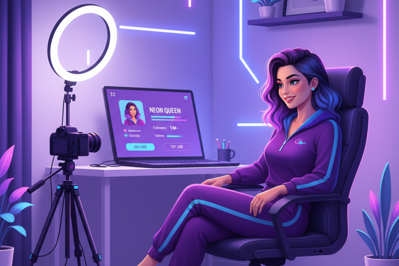 A professional Chaturbate model using Chaturgram to design a high-converting profile in a modern studio.