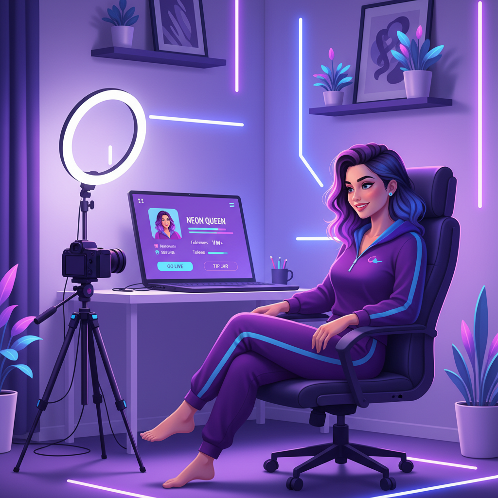 A professional Chaturbate model using Chaturgram to design a high-converting profile in a modern studio.