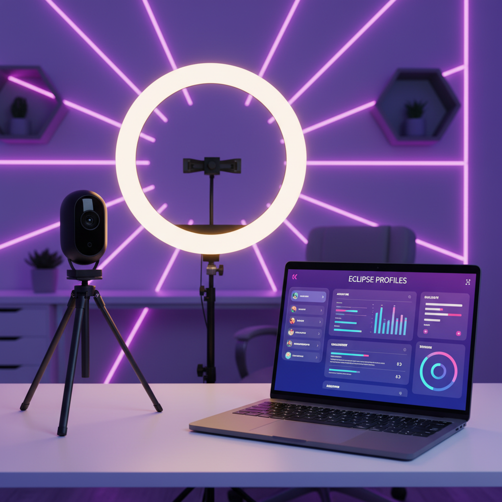 Professional webcam model studio setup with ring light and profile editor on screen.