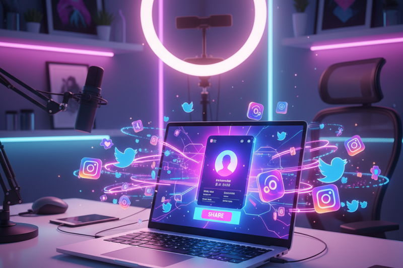 Professional cam model profile featuring an integrated viral sharing bar and social media icons for traffic growth.