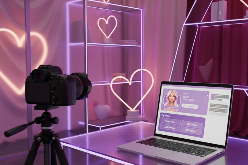 Professional Valentine's Day webcam model room setup with romantic lighting and tip menu strategy.